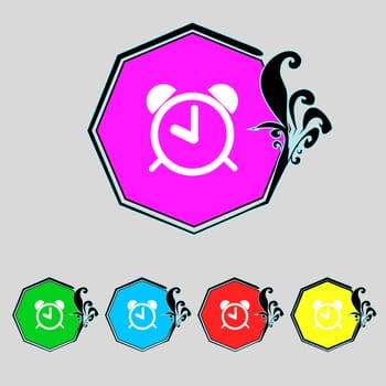 Alarm clock sign icon. Wake up alarm symbol. Set colourful buttons. illustration