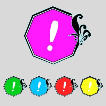 Exclamation mark sign icon. Attention speech bubble symbol. Set colourful buttons. illustration