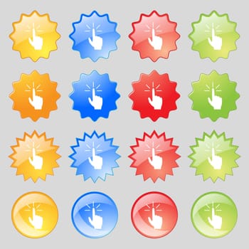 Click here hand icon sign. Big set of 16 colorful modern buttons for your design. illustration