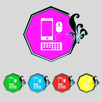 smartphone widescreen monitor, keyboard, mouse sign icon. Set colourful buttons illustration