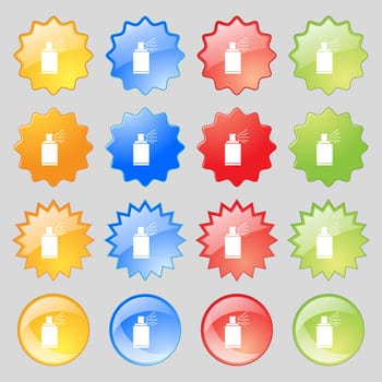 Graffiti spray can sign icon. Aerosol paint symbol. Big set of 16 colorful modern buttons for your design. illustration