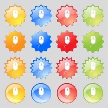 Computer mouse sign icon. Optical with wheel symbol. Big set of 16 colorful modern buttons for your design. illustration