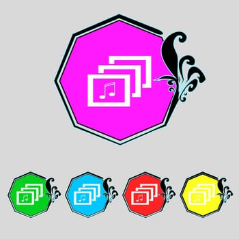 Mp3 music format sign icon. Musical symbol. Set colourful buttons. illustration