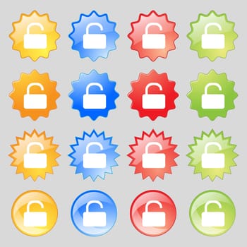 Open Padlock icon sign. Big set of 16 colorful modern buttons for your design. illustration