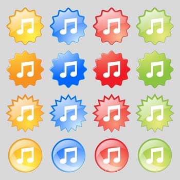 Music note sign icon. Musical symbol. Big set of 16 colorful modern buttons for your design. illustration