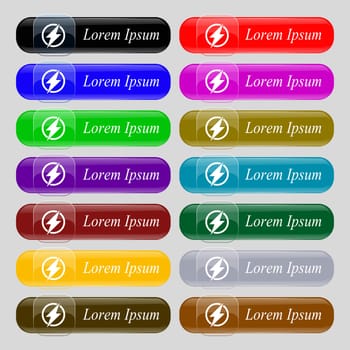 Photo flash sign icon. Lightning symbol. Set of colour buttons. illustration