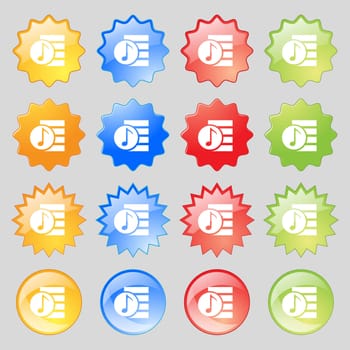 Audio, MP3 fileicon sign. Big set of 16 colorful modern buttons for your design. illustration