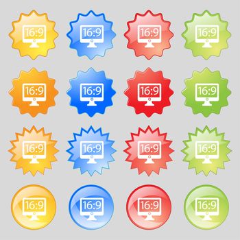 Aspect ratio 16:9 widescreen tv icon sign. Big set of 16 colorful modern buttons for your design. illustration