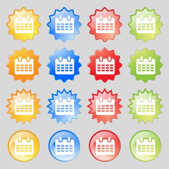  Calendar, Date or event reminder icon sign. Big set of 16 colorful modern buttons for your design. illustration