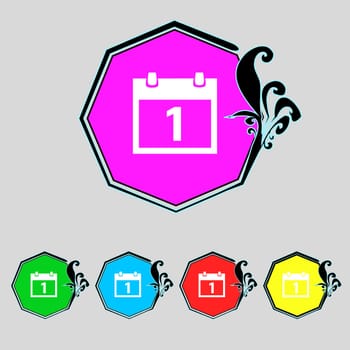 Calendar sign icon. 1 day month symbol. Date button. Set colourful buttons illustration