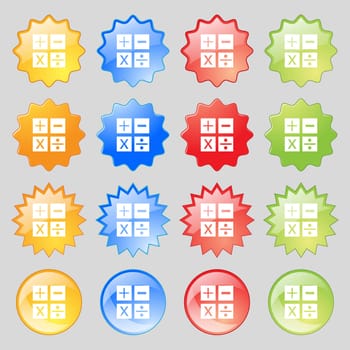 Multiplication, division, plus, minus icon Math symbol Mathematics. Big set of 16 colorful modern buttons for your design. illustration