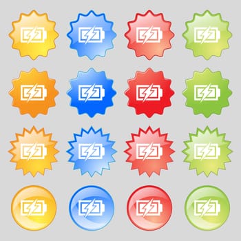 Battery charging sign icon. Lightning symbol. Big set of 16 colorful modern buttons for your design. illustration