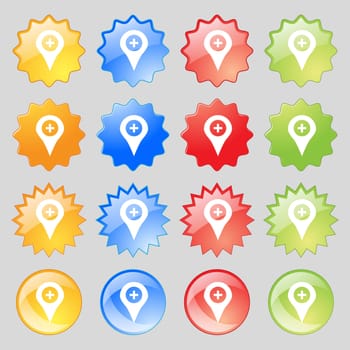 Plus Map pointer, GPS location icon sign. Big set of 16 colorful modern buttons for your design. illustration