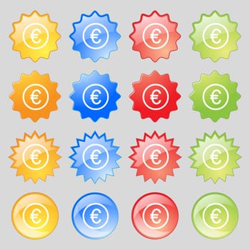 Euro icon sign. Big set of 16 colorful modern buttons for your design. illustration