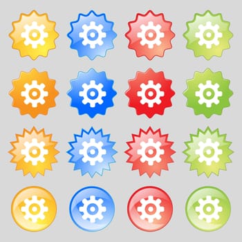 Cog settings, Cogwheel gear mechanism icon sign. Big set of 16 colorful modern buttons for your design. illustration