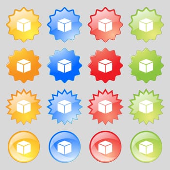 3d cube icon sign. Big set of 16 colorful modern buttons for your design. illustration