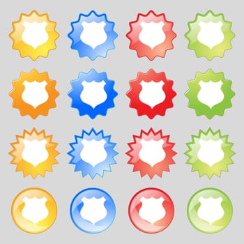 shield icon sign. Big set of 16 colorful modern buttons for your design. illustration