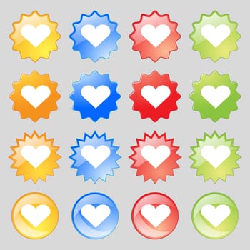Heart, Love icon sign. Big set of 16 colorful modern buttons for your design. illustration