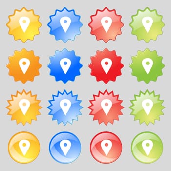 Map pointer, GPS location icon sign. Big set of 16 colorful modern buttons for your design. illustration