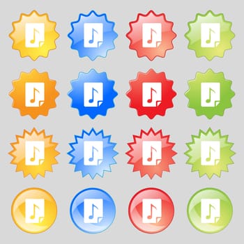 Audio, MP3 fileicon sign. Big set of 16 colorful modern buttons for your design. illustration