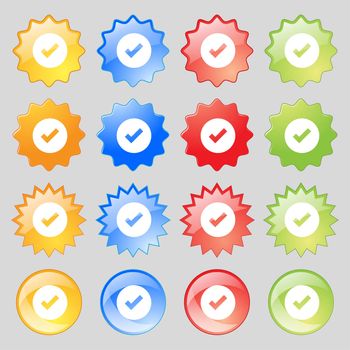 Check mark, tik icon sign. Big set of 16 colorful modern buttons for your design. illustration