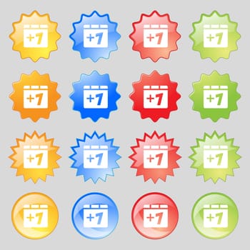 Plus one, Add one icon sign. Big set of 16 colorful modern buttons for your design. illustration