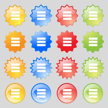 List menu, Content view options icon sign. Big set of 16 colorful modern buttons for your design. illustration