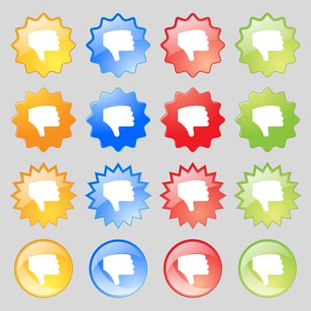 Dislike, Thumb down, Hand finger down icon sign. Set from sixteen multi-colored glass buttons with place for text. illustration