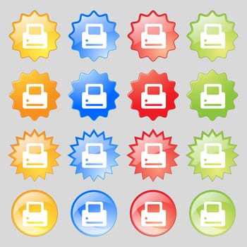 Printing icon sign. Set from sixteen multi-colored glass buttons with place for text. illustration