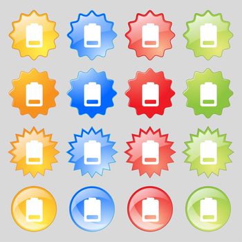 Battery low level, Electricity icon sign. Set from sixteen multi-colored glass buttons with place for text. illustration