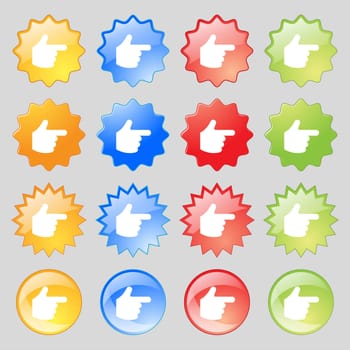 pointing hand icon sign. Set from sixteen multi-colored glass buttons with place for text. illustration