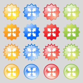 Deploying video, screen size icon sign. Set from sixteen multi-colored glass buttons with place for text. illustration