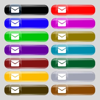 Mail, Envelope, Message icon sign. Set from fourteen multi-colored glass buttons with place for text. illustration