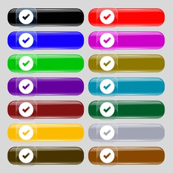 Check mark, tik icon sign. Set from fourteen multi-colored glass buttons with place for text. illustration