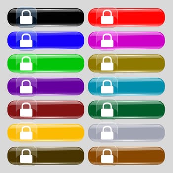 Pad Lock icon sign. Set from fourteen multi-colored glass buttons with place for text. illustration