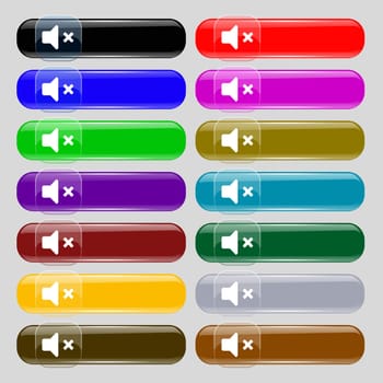 Mute speaker , Sound icon sign. Set from fourteen multi-colored glass buttons with place for text. illustration