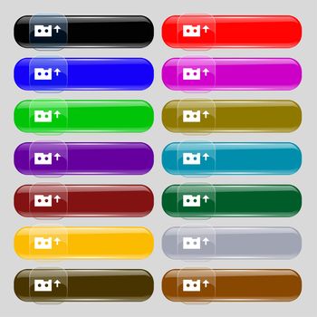 audio cassette icon sign. Big set of 16 colorful modern buttons for your design. illustration