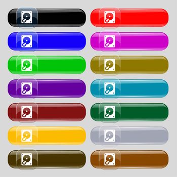 Hard disk and database icon sign. Set from fourteen multi-colored glass buttons with place for text. illustration