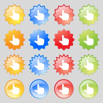 pointing hand icon sign. Set from sixteen multi-colored glass buttons with place for text. illustration