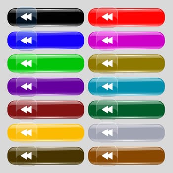 rewind icon sign. Set from fourteen multi-colored glass buttons with place for text. illustration