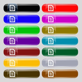 Text File document icon sign. Set from fourteen multi-colored glass buttons with place for text. illustration