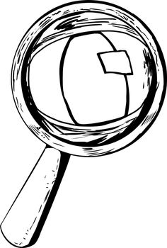 Cat eye looking through magnifying glass in cartoon outline