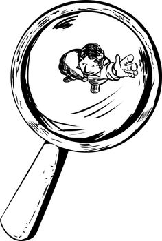 Smiling person under magnifying glass waving his hand