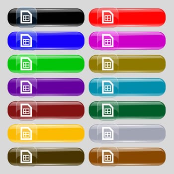  File document icon sign. Set from fourteen multi-colored glass buttons with place for text. illustration