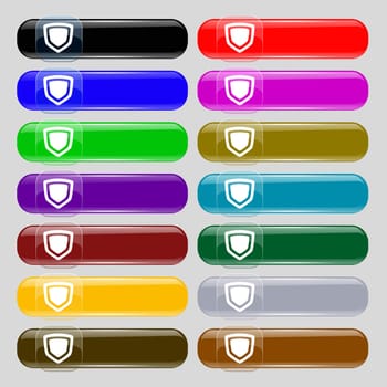 shield icon sign. Set from fourteen multi-colored glass buttons with place for text. illustration