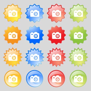 Photo Camera icon sign. Set from sixteen multi-colored glass buttons with place for text. illustration