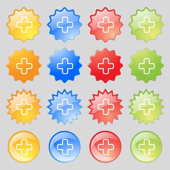 Plus icon sign. Big set of 16 colorful modern buttons for your design. illustration