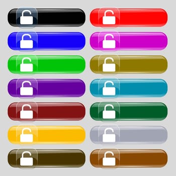 Open Padlock icon sign. Set from fourteen multi-colored glass buttons with place for text. illustration