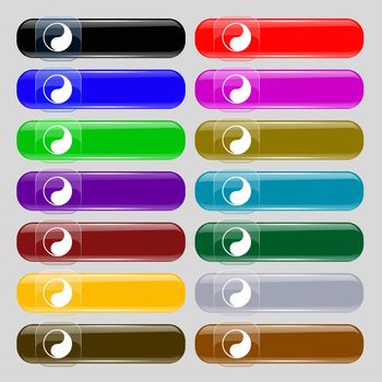Yin Yang icon sign. Set from fourteen multi-colored glass buttons with place for text. illustration