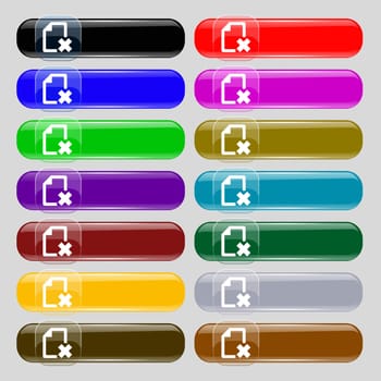 delete File document icon sign. Set from fourteen multi-colored glass buttons with place for text. illustration